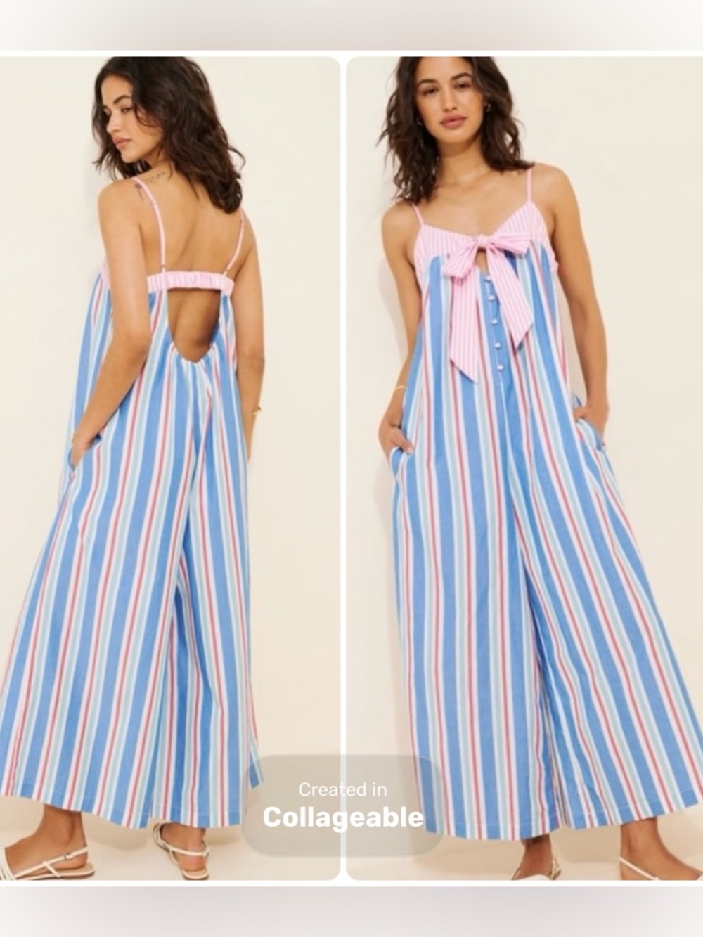 Anthropologie Celandine Pinstripe Bow Wide Leg Oversize Jumpsuit